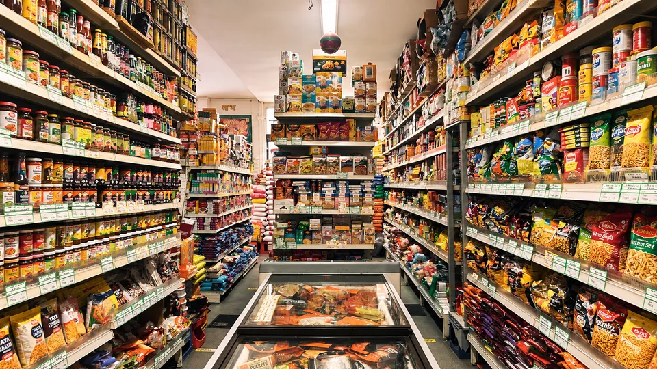 Shelves and aisles inside an independent grocery store in Munich